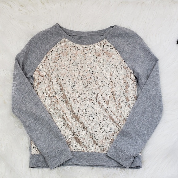 LOFT Tops - Loft sequined lace front grey sweatshirt sz. small